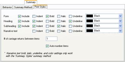 summary print styles preferences